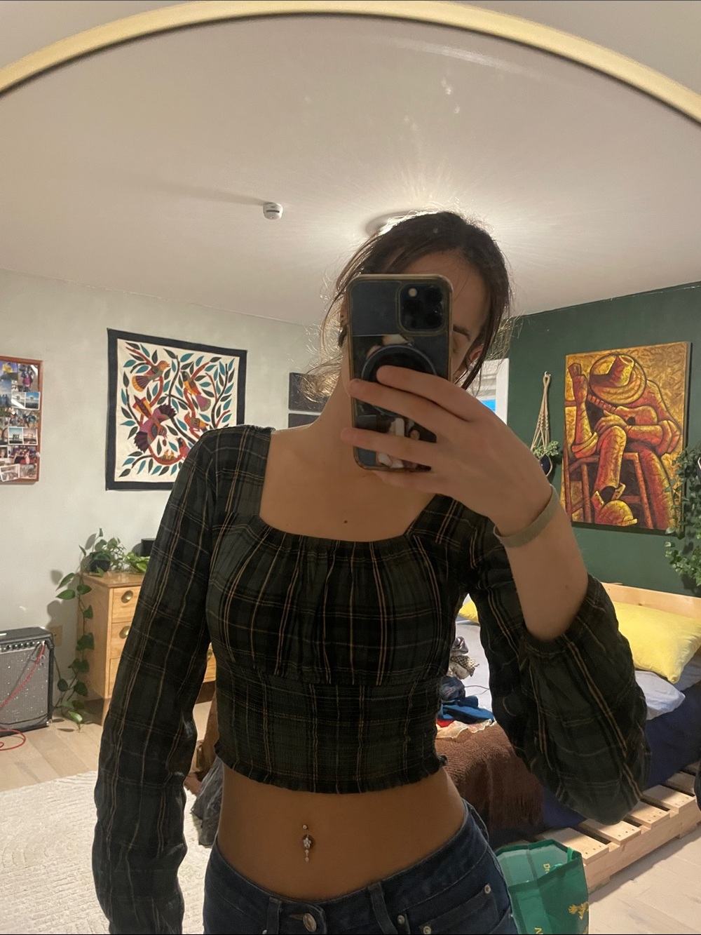 Plaid Square-Neck Crop Top in Dark Green